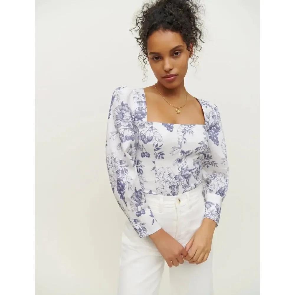 Reformation Stilton Linen Top Blue Toile Floral Long Sleeve Square Neck Size 2